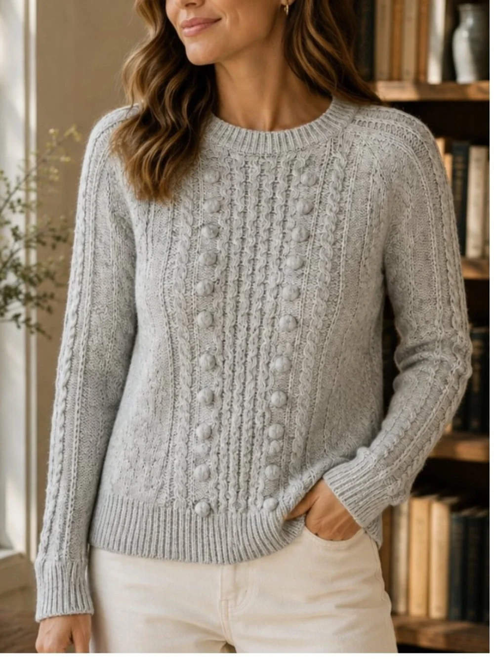 J. Crew Pom-Pom Cable Knit Lambswool Crewneck Pullover Sweater Grey Medium